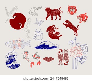 Símbolo oriental colección. Canto asiático, tigre, pez koi, cigüeña, amanecer, ola de mar, flor de lirio, gato afortunado maneki neko. Ilustración vectorial editable.