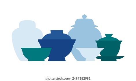 Oriental tableware. Different handmade crockery items - gaiwan, chinese cup for tea, vases, bowls, japanese shiruwan bowl. Abstract silhouette of handmade asian crockery. Minimalist, simple and quiet 