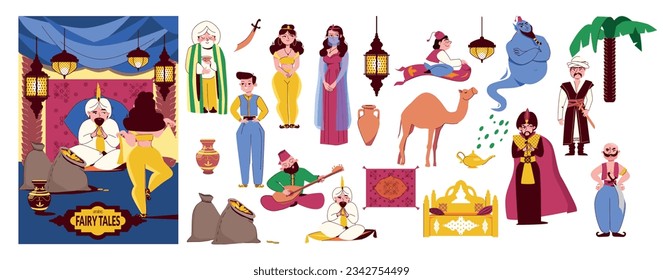 Oriental tales flat composition with cartoon fairytale heroes from arabic tales isolated vector illustration