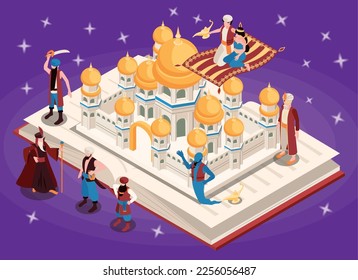 Oriental tales isometric background with aladdin and the princess in ethnic suits hovering over ancient palace vector illustration