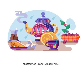 Oriental tea break concept with arabic teapot, islamic tea cups, dates and desserts. Arabian hospitality or oriental breakfast scene with turkish kettle, middle eastern teacup and sweets.