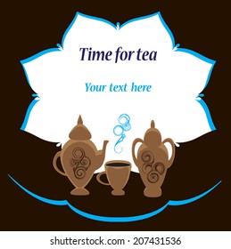 Oriental tea card illustration. Floral ornament, tea pot, cup and vase. Vector art. As invitation, for menu.