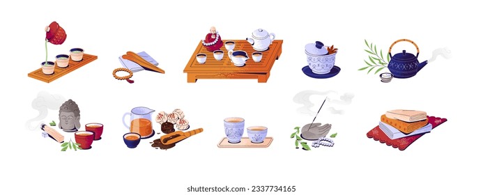 Oriental tea ceremony attributes set: cups, teapot, table, tray, towls, incense, bowls. Green, pu erh, oolong. Japanese and chinese traditions. Flat vector illustrations isolated on white background