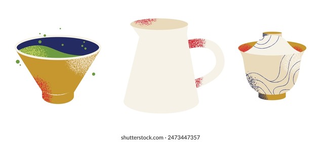 Oriental tea ceremony attributes set. Cups, teapot, table, tray. Green, pu erh, oolong. Japanese and chinese traditions. Flat vector illustration isolated on background