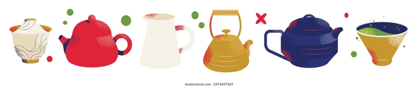 Conjunto de atributos de ceremonia del té oriental. Tazas, tetera, mesa, bandeja. Green, pu erh, oolong. tradiciones japonesas y chinas. Ilustración vectorial plana aislada en el fondo