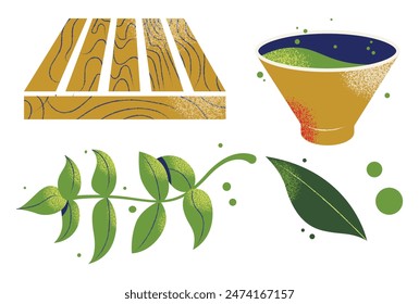 Oriental tea ceremony attributes set. Cups, teapot, table, tray. Green, pu erh, oolong. Japanese and chinese traditions. Flat vector illustration isolated on background