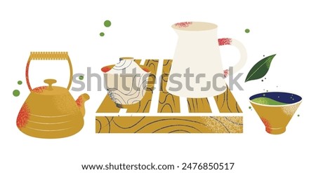 Oriental tea ceremony attributes set. Cups, teapot, table, tray. Green, pu erh, oolong. Japanese and chinese traditions. Flat vector illustration isolated on background