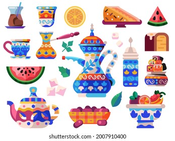 Oriental tea ceremony icons with turkish kettle, middle east desserts, arabic teapot and cups set. Muslim tea party elements, sweets and appliances in flat design.