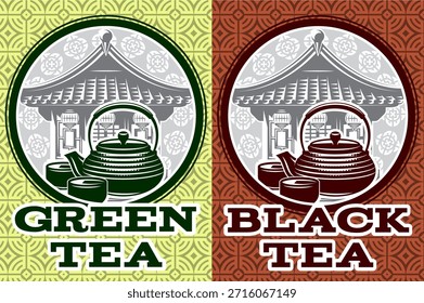 Etiquetas de chá oriental dois projetos vintage redondos para chá verde e preto com chaleiras tradicionais, xícaras e edifício asiático.