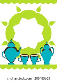 Oriental tea theme frame. Vector illustration. Floral mandala as ornament, tea pot, two caps. For menu, for invitation, for page design, cover, poster.
