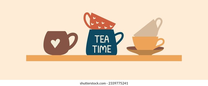 Oriental tea time with diferent color cups. Cozy cups on the shelf isolated on a light background. Side view. Vector illustration