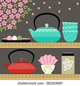 Oriental tea time with teapots, cups, flowers and sweets