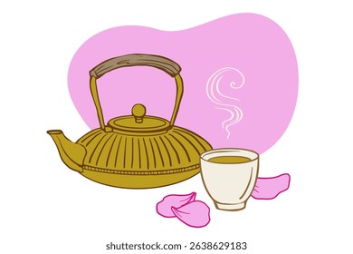 oriental teapot with cup and rose petals. Japanese cast iron kettle. Traditional asian teapot. Japanese tableware for tea ceremony. Green Tea Accessories.  Nanbu Tekki Pot for menu, poster