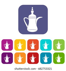 Oriental teapot icons set vector illustration in flat style in colors red, blue, green, and other