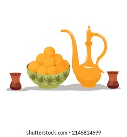 Oriental teapot and sweets Luqaimat vector stock illustration. Arab hospitality. Hot coffee drink. Traditional coffee pot. Isolated on a white background.