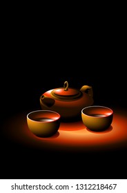 Oriental teapot, two cups of tea on a dark background