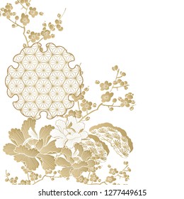 Oriental template with flower and Japanese pattern vector. Gold cherry blossom element background.