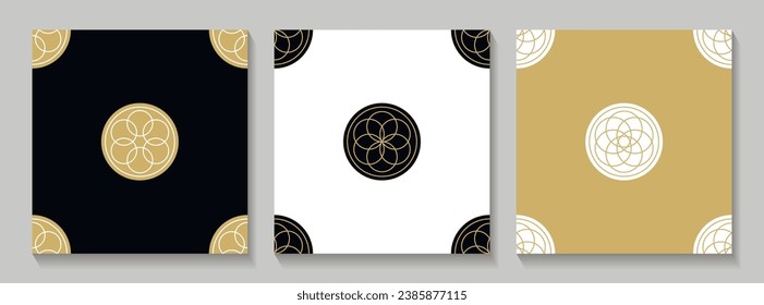 Oriental templates with logos. Seamless gold patterns set. Vector brochures.
