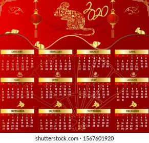 Oriental themed 2020 calendar in stunning red and gold vector artwork.