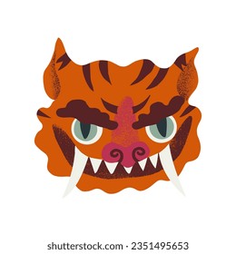 Lágrima de tigre oriental, hocico de predador heráldico folclórico, bestia medieval artística de estilo asiático. Ilustración de mascota dibujada a mano por un vector lindo.