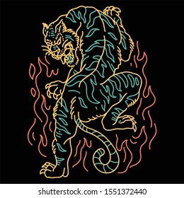 Oriental Tiger Tattoo Line Art Vector