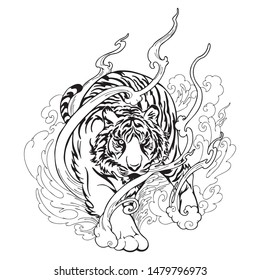 Oriental Tiger walking tattoo decorate with cloud black and white doodle drawing vector 