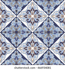 Oriental tile seamless pattern in blue. Vector seamless patchwork pattern. Decorative ornament backdrop for fabric, textile, wrapping paper.