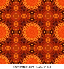 Oriental tiles, vector seamless islamic pattern with pretty oriental curves and mandalas details. Symmetrical tile design in brown, orange and red colors.