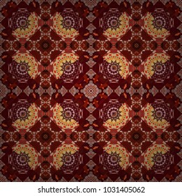 Oriental tiles, vector seamless islamic pattern with pretty oriental curves and mandalas details. Symmetrical tile design in red, brown and pink colors.