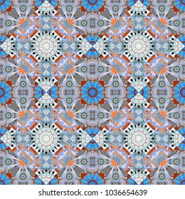 Oriental tiles, vector seamless islamic pattern with pretty oriental curves and mandalas details. Symmetrical tile design in gray, blue and purple colors.