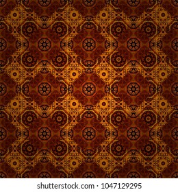 Oriental tiles, vector seamless islamic pattern with pretty oriental curves and mandalas details. Symmetrical tile design in orange, red and brown colors.