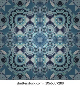 Oriental tiles, vector seamless islamic pattern with pretty oriental curves and mandalas details. Symmetrical tile design in brown, blue and gray colors.