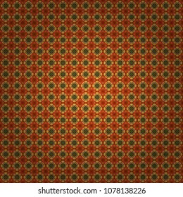 Oriental tiles, vector seamless islamic pattern with pretty oriental curves and mandalas details. Symmetrical tile design in orange, green and yellow colors.