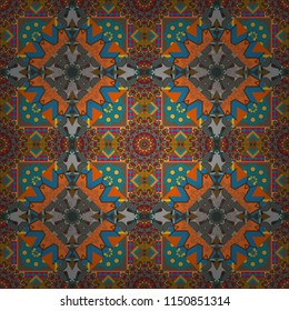 Oriental tiles, vector seamless islamic pattern with pretty oriental curves and mandalas details. Symmetrical tile design in brown, blue and orange colors.