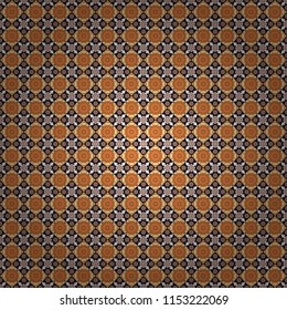 Oriental tiles, vector seamless islamic pattern with pretty oriental curves and mandalas details. Symmetrical tile design in brown, blue and orange colors.