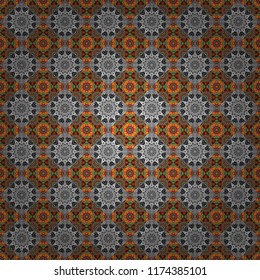 Oriental tiles, vector seamless islamic pattern with pretty oriental curves and mandalas details. Symmetrical tile design in green, blue and gray colors.