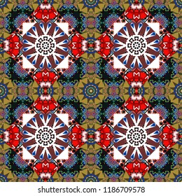 Oriental tiles, vector seamless islamic pattern with pretty oriental curves and mandalas details. Symmetrical tile design in black, brown and white colors.