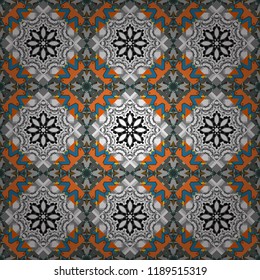 Oriental tiles, vector seamless islamic pattern with pretty oriental curves and mandalas details. Symmetrical tile design in gray, white and orange colors.
