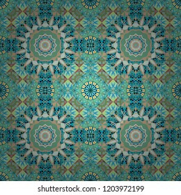 Oriental tiles, vector seamless islamic pattern with pretty oriental curves and mandalas details. Symmetrical tile design in blue, green and beige colors.