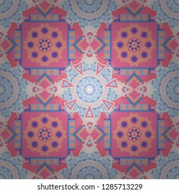 Oriental tiles, vector seamless islamic pattern with pretty oriental curves and mandalas details. Symmetrical tile design in violet, pink and blue colors.