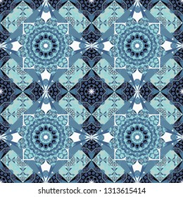 Oriental tiles, vector seamless islamic pattern with pretty oriental curves and mandalas details. Symmetrical tile design in blue, black and gray colors.