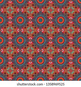 Oriental tiles, vector seamless islamic pattern with pretty oriental curves and mandalas details. Symmetrical tile design in gray, blue and red colors.