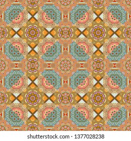 Oriental tiles, vector seamless islamic pattern with pretty oriental curves and mandalas details. Symmetrical tile design in green, orange and blue colors.