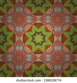 Oriental tiles, vector seamless islamic pattern with pretty oriental curves and mandalas details. Symmetrical tile design in green, orange and brown colors.
