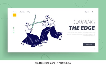 Oriental Tradition, Ancient Warriors or Actors Landing Page Template.Samurai Male Characters Wearing Traditional Japanese Clothing Fighting on Katana Swords. Linear People Vector Illustration