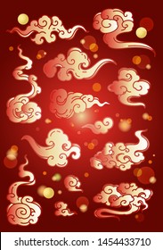 Oriental traditional cloud in red and golden tones. For Mid autumn or Chinese New year festival artwork,etc. Bokeh light and moon.- Vector.