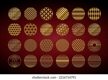 Oriental traditional geometric pattern illustration set ( from Japan and China ) | Gold color