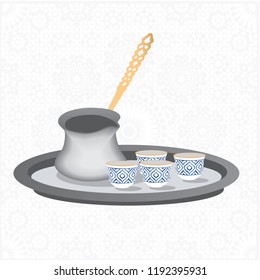 Oriental, Traditional, Lebanese, Turkish, Arabic Coffee Pot & Cups on Silver Tray - Vector Illustration Isolated