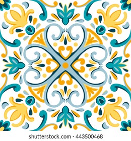 Oriental traditional ornament, Mediterranean seamless pattern, tile design, vector illustration. Yellow, blue, white background.