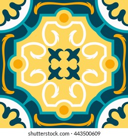 Oriental traditional ornament, Mediterranean seamless pattern, tile design, vector illustration. Yellow, blue, white background.